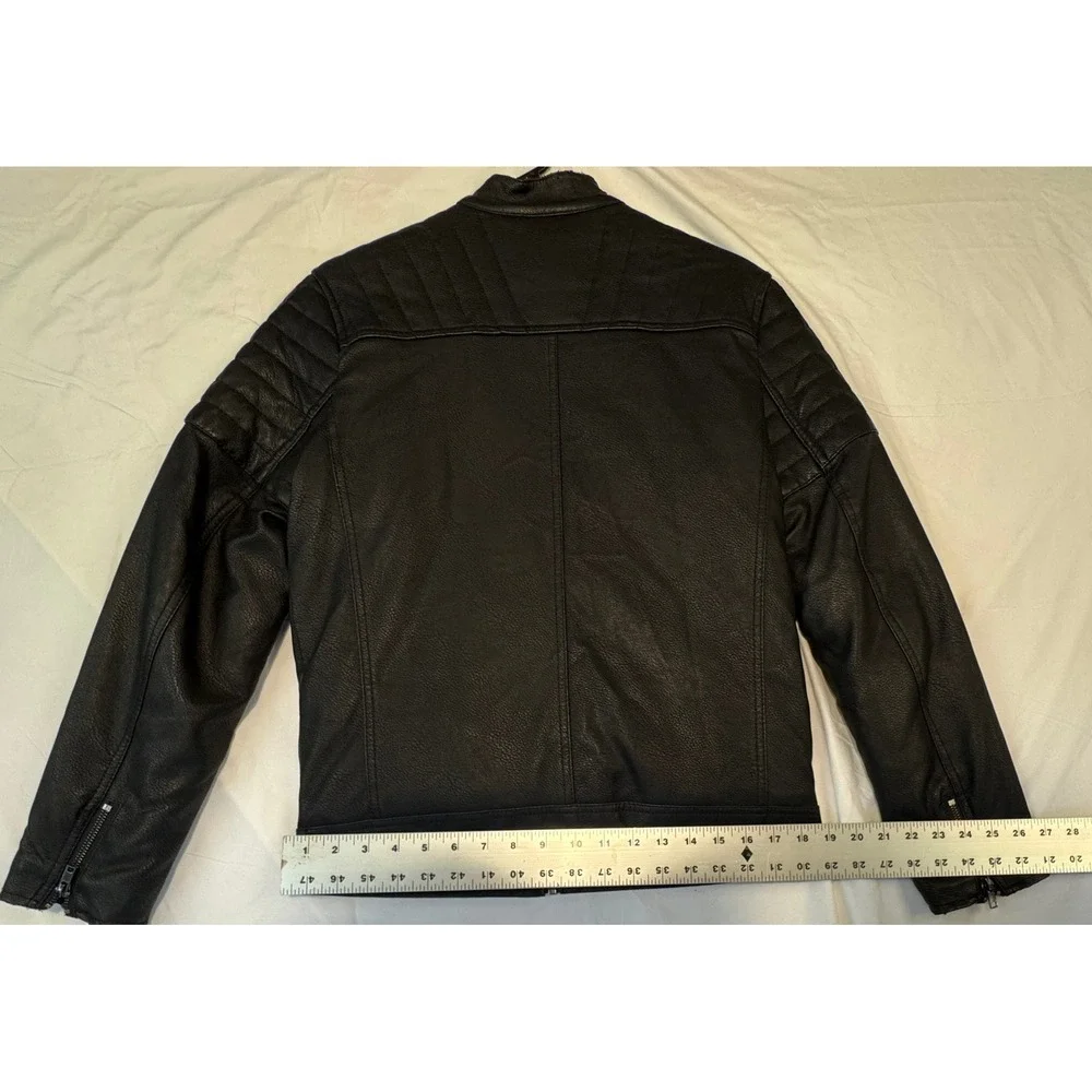 ASOS Mens Faux Leather Biker Jacket Black Quilted Shoulder Cafe Racer XS
